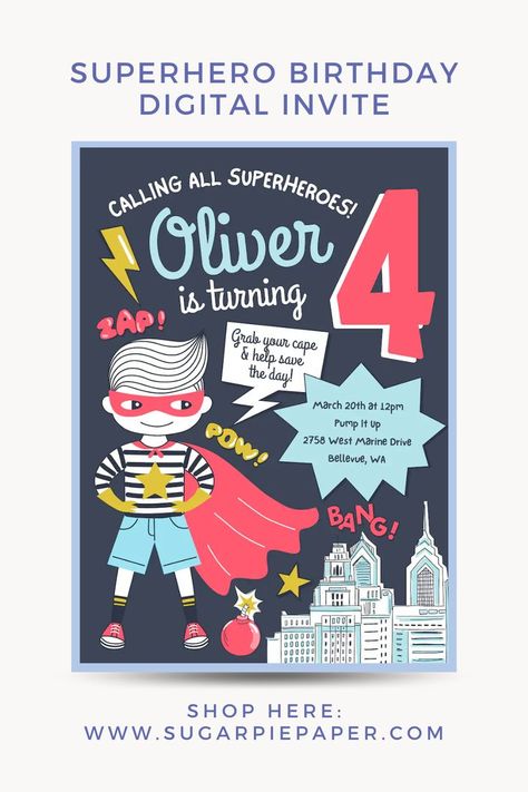 Superhero Birthday Party Invitations Boy Birthday Theme, Superhero Birthday Party Invitations, 4th Birthday Boys, Superhero Birthday Invitations, Superhero Invitations, Puppy Birthday Parties, Kids Themed Birthday Parties, Sugar Pie, Birthday Themes For Boys