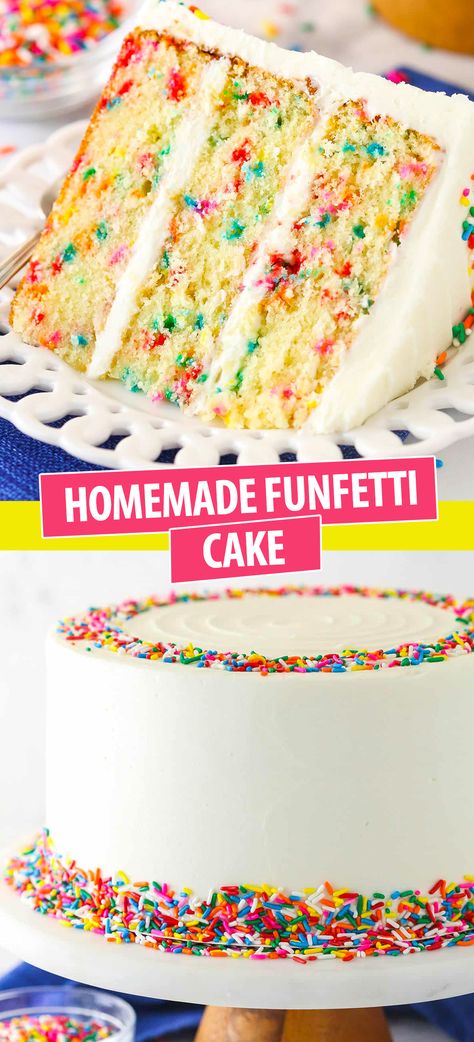 This Funfetti cake is made up of three layers of moist, buttery vanilla cake packed with colorful rainbow sprinkles. It is filled and frosted with a rich, vanilla buttercream and finished off with even more rainbow sprinkles. It practically screams “Party time!”. Funfetti Cake Sallys Baking, Funfetti Tiered Cake, Vanilla Rainbow Cake, Birthday Cake Flavored Cake, Birthday Cake With Whipped Cream, Rainbow Cake Sprinkles, Lemon Funfetti Cake, White Cake With Rainbow Sprinkles, Crayola Cake Ideas