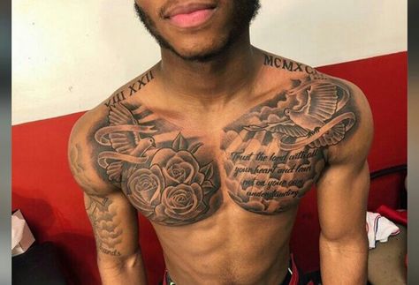 Male Chest Piece Tattoo, Men’s Word Chest Tattoo, Cloud Chest Tattoo Men, Right Chest Tattoo Men, Chest To Shoulder Tattoo Men, Chest Tattoo Black Men, Chest Cover Up Tattoos Men, One Side Chest Tattoo Men, Chest Tattoo One Side