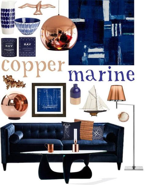 copper + marine Blue And Copper Living Room, Copper Living Room, Copper Bedroom, Navy Living Rooms, Navy And Copper, Copper Decor, Copper Accents, Dream Decor, Front Room