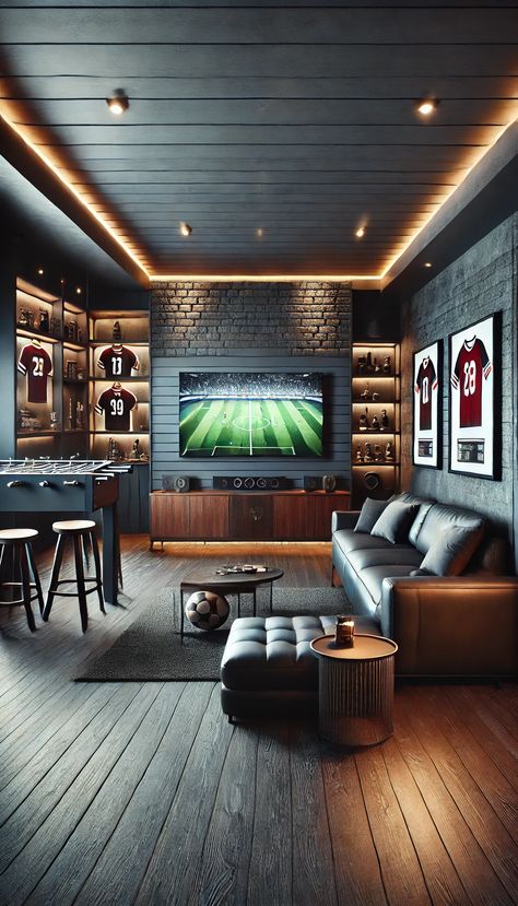 21 Jaw-Dropping Man Cave Decor Ideas You Must See to Believe! 🕶️🎱 Masculine Basement Decor, Upscale Man Cave, Man Cave Accent Wall, Man Cave Lighting Ideas, Football Man Cave Ideas, Modern Man Cave Ideas, Man Cave Decor Ideas, Cave Interior, Classy Man Cave