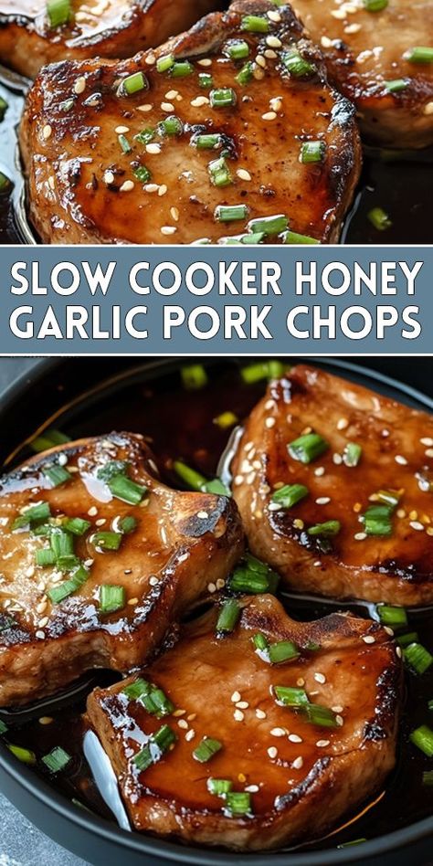 Slow Cooker Honey Garlic Pork Chops Ingredients: 4 boneless pork chops 1/2 cup honey 1/4 cup soy sauce 1/4 cup ketchup 4 cloves garlic, minced 1 teaspoon dried basil Salt and pepper to taste Fresh parsley, chopped (optional, for garnish) #slowcooker #porkchops #easyrecipes Pork Chops Slow Cooker, Honey Pork Chops, Honey Garlic Pork, Garlic Pork Chops, Garlic Pork, Honey Garlic Pork Chops, Honey Pork, Crockpot Pork Chops, Slow Cooker Pork Chops