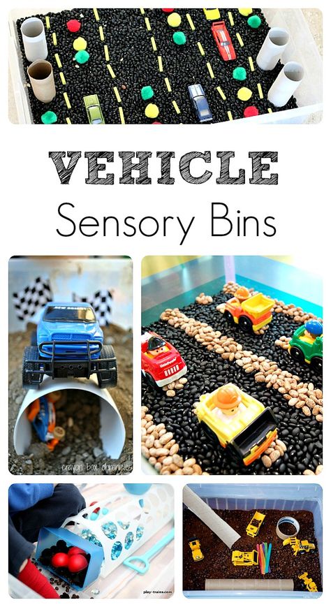 Vehicle Sensory Bins...fun play activities for kids Transportation Theme Preschool, Lila Party, Super Mama, Sensory Tubs, Transportation Activities, Sensory Bottle, Sensory Bags, Transportation Preschool, Sensory Ideas