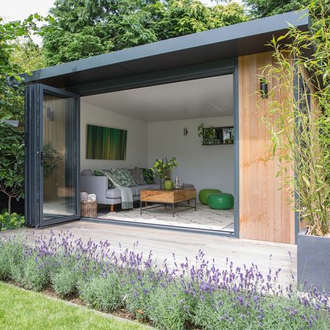 She shed ideas – create an idyllic garden retreat, art studio or comfy snug Garden Room Interiors, Office Shed, Garden Room Ideas, Garden Pods, Garden Cabins, Summer House Garden, Backyard Studio, Back Garden Design, Backyard Office