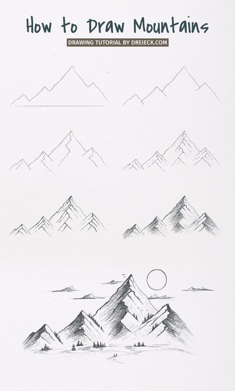 Mountains are absolutely fascinating. No wonder they are a popular subject for any kind of art. In this tutorial I’ll show you step by step how to draw mountains. At first glance, a mountain (or mountain range) is very complex – but with a few tricks, this look can be easily captured on paper! Landscape Drawings For Beginners, How To Draw Realistic Mountains, Nature Easy Sketch, Drawing Ideas Easy Mountains, How To Draw Sketches Step By Step Pencil, Mountain Drawings Easy, Landscape Tutorial Drawing, Landscape Drawings Mountain, Landscape Drawings Tutorial