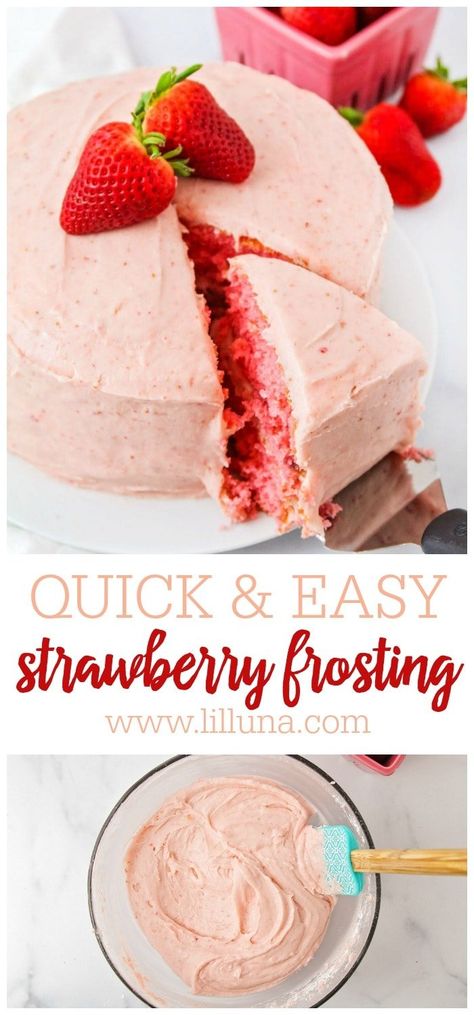 Sweet, ripe strawberries make this frosting irresistible! Creamy strawberry frosting is yummy on just about any cake or cupcake. #strawberryfrosting #frosting #strawberry #easystrawberryfrosting Strawberry Icing Buttercream, Strawberry Frosting With Real Strawberry, Strawberry Buttercream Frosting Easy, Strawberry Cake Icing Recipe, Icing For Strawberry Cake, Strawberry Icing With Fresh Strawberries, Strawberry Frosting Buttercream, Strawberry Cake Icing, Strawberry Icing Recipe