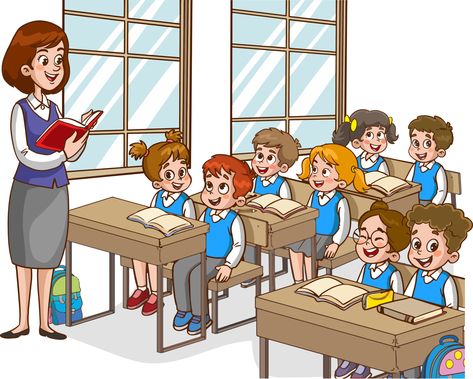 Illustration with kids and teacher in a classroom. Education illustration. Vector interior. Teacher with pupils in a classroom. Primary school kids. Children listen to teacher. 21553487 Vector Art at Vecteezy Teacher Teaching In Classroom Picture, Teachers Teaching In Classroom, Teacher And Student Images, Teacher Teaching Students, Teachers Illustration, Teaching Clipart, Student Clipart, Teacher Picture, Teacher Images