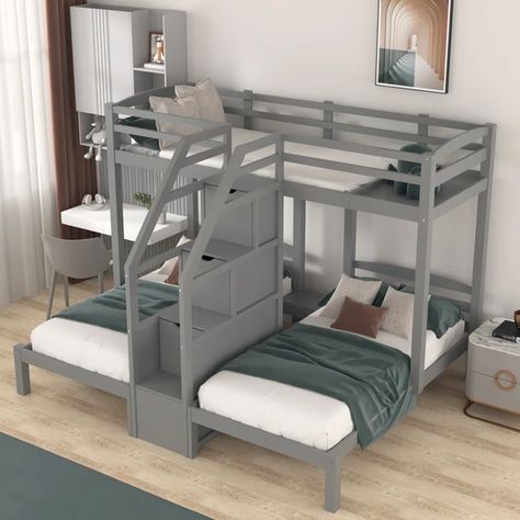 Harriet Bee Ethelreda Twin Over Twin Over Twin 3 Drawer L-Shaped Bunk Beds by Harriet Bee - Wayfair Canada L Shaped Bunk Beds Walmart, Cabin Bunk Beds The Home Depot, Space Efficient Furniture, Twin Over Queen Bunk Bed With Storage, Twin Over Full Bunk Bed With Stairs, Twin Over Quess Bunk Beds With Trundle Rustic, Sharing A Room, Space Saving Beds, Staircase Storage