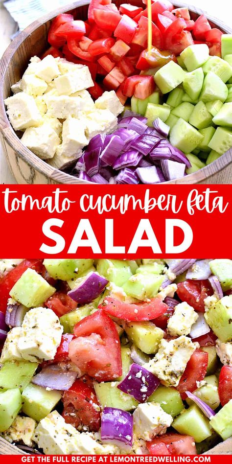 Tomato Cucumber Feta Salad is fresh, flavorful, and SO delicious! It combines crisp cucumbers, juicy tomatoes, red onion, and feta cheese with a simple homemade vinaigrette. One of our favorite go-to summer salads! Quick Simple Salads, Tomato Onion Feta Salad, Tomato Cucumber Appetizer, Tomatoes Feta Salad, Whipped Feta With Marinated Cucumber, Really Easy Healthy Meals, Cucumber And Feta Cheese Salad, Tomato Cucumber Feta Salad Balsamic, Recipes With Cucumber And Tomato