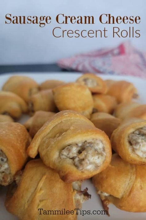 3 Ingredient Sausage Cream Cheese Crescent Rolls - Tammilee Tips Egg And Sausage Crescent Rolls, Crossiant Rolls Easy Recipes, Crescent Roll Finger Foods, Breakfast Idea With Crescent Rolls, Sausage Puffs Cream Cheeses, Sausage Balls With Crescent Rolls, Cream Cheese And Bacon Filled Crescent Rolls, Croissant Sausage Cream Cheese, Italian Sausage Crescent Roll Recipes