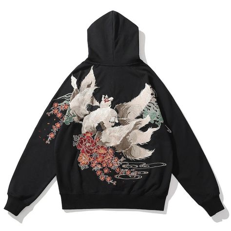 Nine Tailed Fox Embroidered Hoodie, Yokosuka Japanese Kitsune Zip Up, Hefushi Embroidery Cotton Zip Hoodie Black Jacket Hoodie, Fox Hoodie, Simple Sweatshirt, Hip Hop Sweatshirts, Embroidery Hoodie, Y2k Hoodie, Japanese Streetwear, Hoodie Material, Embroidered Hoodie