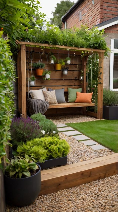 30+ Small Garden DIY Ideas Garden Terrace Diy, Small House Yard Ideas, Small Garden Plants Ideas, Small Yard Inspiration, Small Garden Pergola Ideas Uk, Pergola Ideas Small Garden Pergola Ideas, Mini Outdoor Garden, Small Garden Kitchen Outdoor, Bench In Garden Ideas