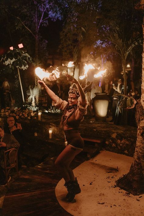 Fire dancers outdoors in Mexico Tulum for rave wedding Tulum Party, Rave Wedding, Millbridge Court, Wedding Cabo, Island Party, Fire Dancer, Mayan Culture, Beautiful Beach Wedding, Photos Poses