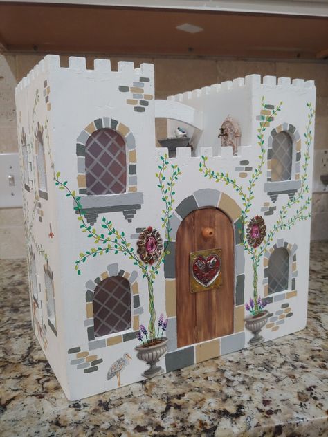 Wood Castle Dollhouse, Diy Play Castle, Wood Castle Diy, Painted Wooden Castle, Wooden Castle Painting Ideas, Castle Dollhouse Ideas, Diy Castle Dollhouse, Michaels Wooden Castle, Doll House Castle