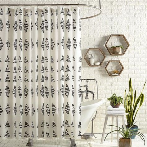 Hypnotic Shower Curtain designed by Justina Blakeney now available at Jungalow Justina Blakeney, Bathroom Diy, Cotton Shower Curtain, White Shower Curtain, White Shower, Shower Curtain Rods, Black Curtains, Bathroom Update, Bed Curtains