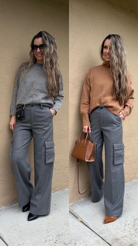 Two easy ways to style gray wool cargo trousers! Camel sweater is such a great staple to wear with anything but goes great with gray! Gray Khaki Pants Outfit Women, Outfit Ideas With Grey Pants, Dark Grey Wide Leg Pants Outfit, Grey Khaki Pants Outfit Women, Gray Corduroy Pants Outfit Women, Camel Pants Outfit Casual, Gray Tailored Pants Outfit, Gray Wide Pants Outfit, Grey Sweater And Jeans Outfit