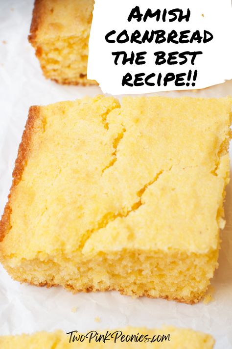 Text that says Amish cornbread the best recipe. Behind the text is a close up photo of a slice of cornbread. Cornbread Made With Mayonnaise, Martha White Cornbread Recipe, White Cornbread Recipe, Amish Sour Cream Cornbread, Amish Cornbread, Moist Cornbread Recipe, White Cornbread, Sour Cream Cornbread, Old Fashioned Cornbread