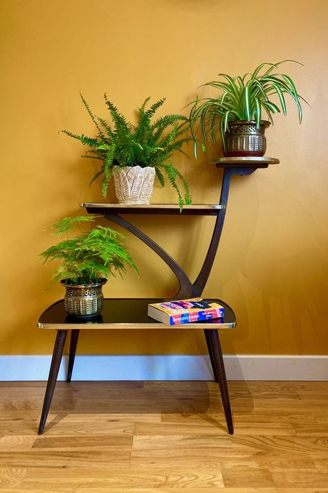 Mid Century Three Level Atomic Plant Stand with brass and ceramic plant pots, spider plant, boston fern and asparagus fern. Vintage Interior Design Retro, Plant Furniture, 50s Furniture, Bedroom Plants Decor, Mid Century Modern Plant Stand, Mid Century Modern Plants, Weird Furniture, Garden Furniture Design, Modern Plant Stand