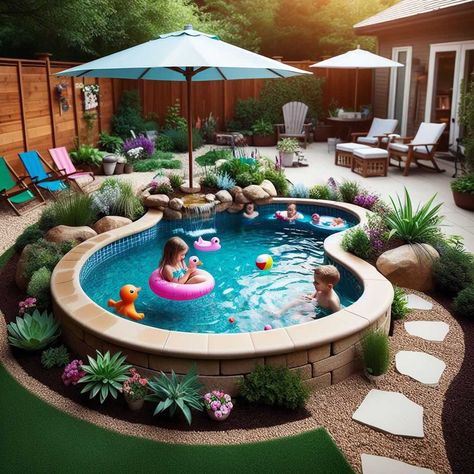 Florida Back Patio Ideas, Small Pools With Hot Tub For Small Yards, Small Backyard Pool Landscaping Ideas, Backyard Plunge Pool Ideas, Back Yard With Pool Area, Small Pool Oasis, Patio With Small Pool, Backyard Pool Patio Designs, Pool In Small Backyard Ideas