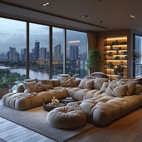 Innovative Home Decor, Cozy Luxury Living Room, Penthouse Living Room, Apartment Ideas Aesthetic, Theater Rooms, Luxe Living Room, Cozy Homes, Home Cinema Room, Zen Room