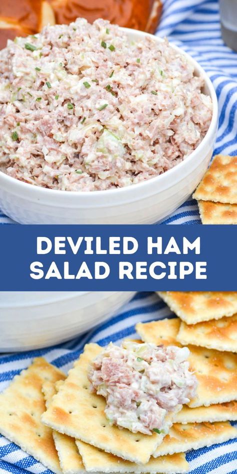 Deviled ham salad kicks up the basic recipe with a little extra zest. This versatile spread pairs well with crackers or even makes a tasty sandwich filling! Perfect for using up your leftover ham. #saladrecipe #appetizer #snack Chopped Ham Salad, Sliced Deli Ham Recipes, Deviled Ham Recipes, Sandwich Fillings Ideas, Devilled Ham, My Pins Saved Boards Recipes, Deviled Ham Salad Recipe, Ham Salad Spread, Ham Spread Recipe