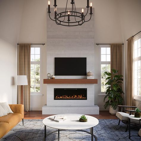 Linear fireplace with tv above