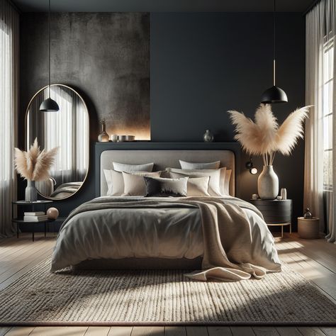 A modern, dark, and rustic bedroom with a large bed featuring an upholstered headboard, white and beige pillows, and a textured throw. A round mirror reflects soft light on a dark grey wall. Nightstand with vases and black lamp. Sheer curtains allow natural light in, with plants and a natural fiber rug completing the cozy look. Modern Condo Interior Design Bedroom, Mirror Over Headboard, Light Grey Headboard Bedroom, Light Curtains Bedroom, Bedroom Cozy Aesthetic, Black And Beige Bedroom, Modern Condo Interior Design, Dark Grey Headboard, Front Door Portico