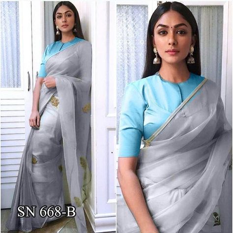 Organza Saree With Contrast Blouse, Saree And Contrast Blouse, Grey Silk Saree, Saree Bridal Wedding, Silk Saree With Contrast Blouse, Bridal Wedding Outfit, Silver Saree, Bridesmaid Indian, Sabyasachi Designer