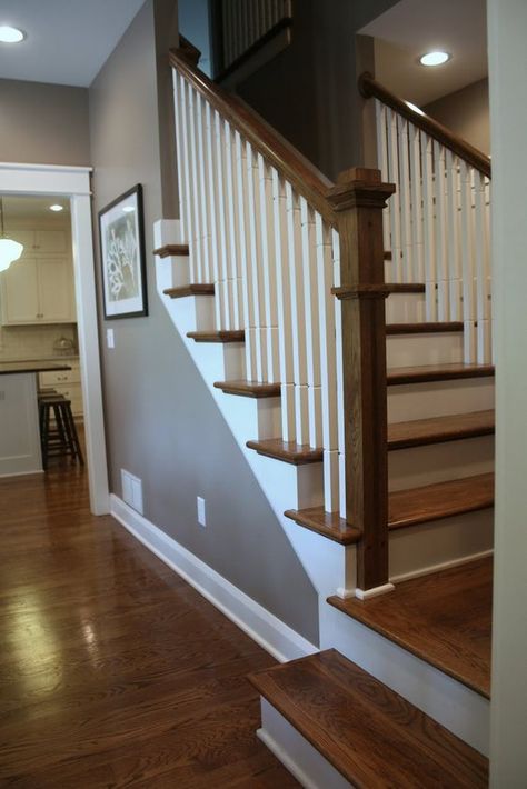 Staircase with white trim and dark woods Craftsman Stairs, Modern Craftsman House, Dark Floors, Basement Stairs, Modern Craftsman, Craftsmen Homes, In This House, House Stairs, House Diy