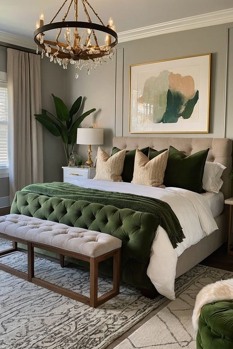 Grey Headboard Green Bedding, Green Beige Black Bedroom, Green Gold Black Cream Bedroom, Black White Cream Green Bedroom, Neutral With Green Bedroom, Olive Master Bedrooms Decor, Women Bedroom Ideas Color Schemes, Green Cream And Gold Bedroom, Aesthetic Woman’s Bedroom