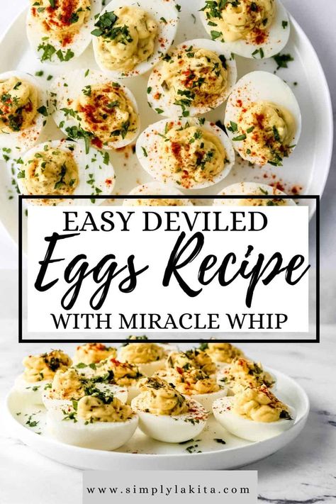 Make a batch of Easy Deviled Eggs with Miracle Whip, sweet pickle relish, mustard, salt, ground black pepper, and a sprinkle of paprika. They're creamy, flavorful, and perfect to share for special occasions, family gatherings, and holiday dinners. simplylakita.com #easydeviledeggs Deviled Eggs With Miracle Whip, Miracle Whip Recipes, Deviled Eggs With Relish, Easy Deviled Eggs, Sweet Pickle Relish, Devilled Eggs Recipe Best, Devilled Eggs, Deviled Eggs Easy, Deviled Eggs Classic