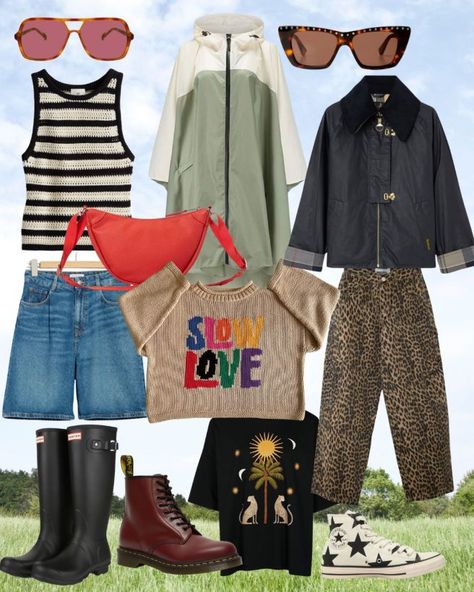 What to wear to a festival if you're not 25 - WearsMyMoney Festival Outfit Rain, Festival Outfit Uk, Rainy Festival Outfit, Dm Boots, Uk Festival, Levis Ribcage Straight, Small Drawstring Bag, Cloudy Weather, Barbour Jacket