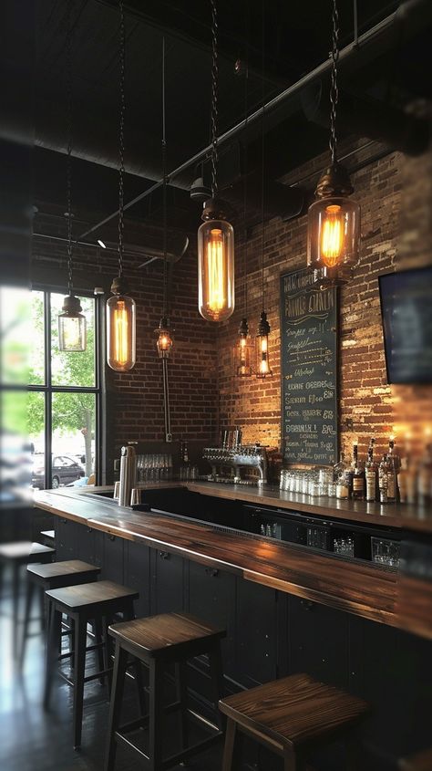 "Cozy Bar Interior: Warmly lit bar with fashionable #decor pendant lights casting a glow over the dark wooden #furniture. #bar #interior #cozy #lighting #pendant #aiart #aiphoto #stockcake ⬇️ Download and 📝 Prompt 👉 https://stockcake.com/i/cozy-bar-interior_239124_45893". Bar Room Lighting Ideas, Bars With Brick Walls, Bar Commercial Design, Hipster Bar Design, Small Pub Interior Bar Ideas, Pub Vibes Aesthetic, Classy Basement Bar, Music Bar Aesthetic, Pub Interior Design Modern