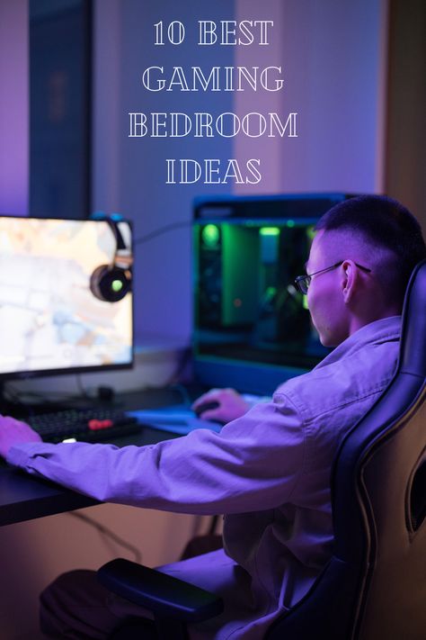 young man playing video games in bedroom Simple Gaming Bedroom Ideas, Gamer Bedroom Setup, Gaming Set Up Boy, Gaming Bedroom Ideas For Men, Teen Gamer Bedroom Ideas, Teen Boy Gaming Bedroom, Small Gaming Bedroom Ideas, Teen Boy Room Ideas Gaming, Gaming Room Ideas Bedrooms