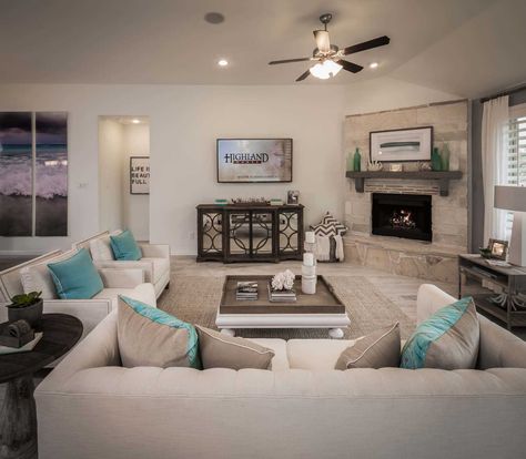 Open Concept Living Room Layout With Corner Tv, Model Homes Decorating, Living Room With Corner Fireplace Layout, Open Concept Living Room Layout, Model Home Decorating, Corner Fireplace Living Room, French Country Modern, Staging Ideas, Mansion Designs