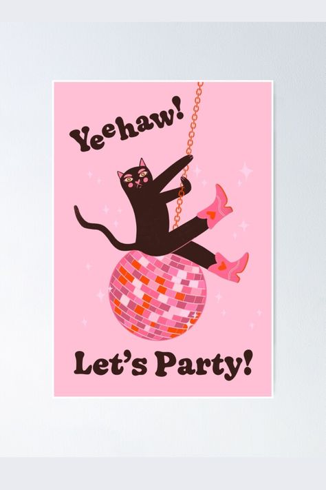 Art, illustration, poster, black cat poster, cat, cowboy boots poster, disco ball poster, party, fancy poster, slay, fabulous, bold poster, cute cat art, pink cat, funny, modern, cat lover, cats, red pink, girly, pretty, cool, funny gift, queen, cool cat, wild, feline, girl power, funky, rave, dope, groovy, stay groovy, star, 80s, 90s, y2k, kitty, dance, Pink cowboy boots, lets party, riding disco ball, festive, disco, sparkle, holiday, Celebration, fun, Playful, Glitter, Glowing, Radiant, Jolly Feline Girl, Disco Ball Illustration, Disco Ball Poster, Ball Illustration, Funny Girly, Sparkle Gift, Funny Paintings, Cowgirl Birthday, Flower Painting Canvas