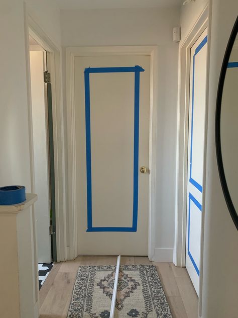 How to improve the look of hollow core doors. How To Make Hollow Core Doors Look Expensive, Add Glass To Hollow Core Door, Diy Upgrade Interior Doors, Ideas For Hollow Core Doors, Painted Hollow Interior Doors, White Hallway Doors, Paint Hollow Doors, Hallway Ideas Doors, Add Trim To Hollow Core Door