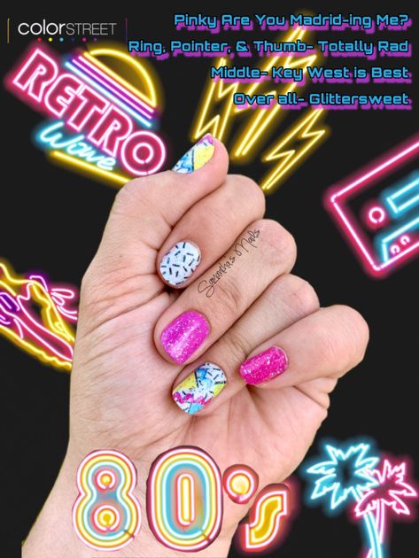 80s themed nails! #colorstreet #pinknails #80saesthetic #80snails 80s Aesthetic Nails, Retro 80s Nail Designs, 80 Nails 80's, 80s Nails Designs Simple, 80s Style Nails, 1980 Nails, 80s Themed Nails, 80s Nail Polish, 80s Nails 1980s