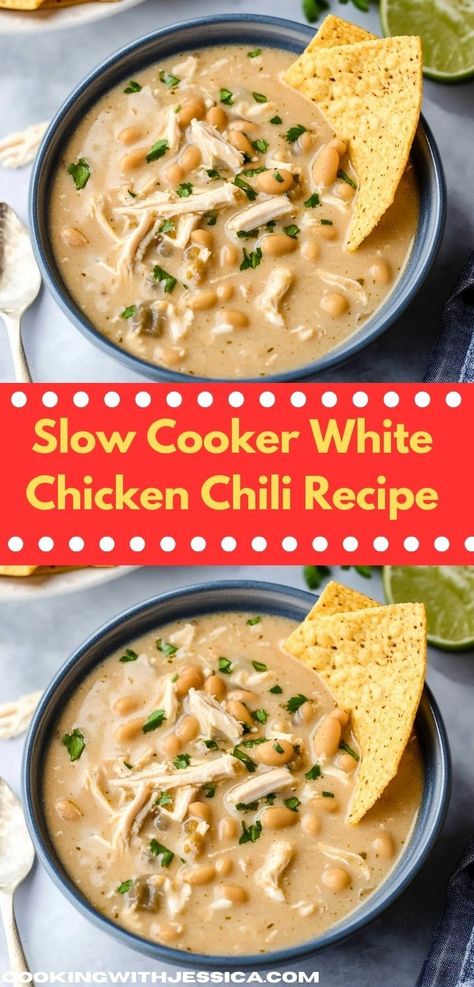 Discover an easy slow cooker meal with this Slow Cooker White Chicken Chili, ideal for busy weeknights. This delightful dinner recipe offers bold flavors and wholesome ingredients, ensuring your family enjoys a satisfying experience. White Chicken Chilli, Creamy White Chicken Chili Recipe, Creamy Chicken Chili, White Chicken Chili Slow Cooker, White Chicken Chili Recipe, Chicken Chili Crockpot, White Bean Chicken Chili, Slow Cooker Chicken Chili, White Bean Chili