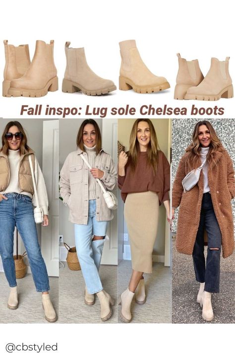 Chelsea Boots Women Outfit, Beige Boots Outfit, Lug Sole Chelsea Boots, White Boots Outfit, Combat Boot Outfit, Outfit Botas, Booties Outfit, Sweater Outfit, Fall Transition