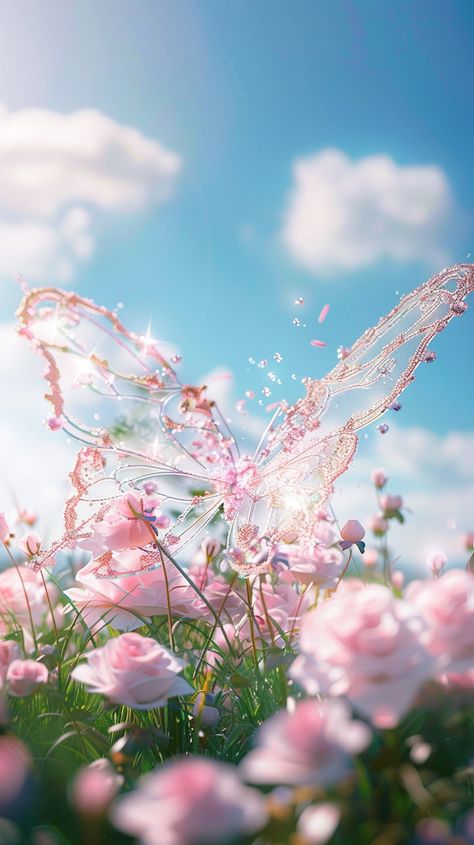 #PinkButterflySculpture #Glass #Crystal #Meadow #BlueSky #WhiteClouds #DreamyAtmosphere #YimLian Dreamy Graphic Design, Meadow Aesthetic, Pediatrics Office, Ethereal Butterfly, Cloud Poster, Butterfly Sculpture, Golden Wallpaper, Inspirational Digital Art, Dreamy Atmosphere