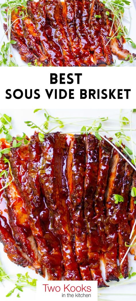 Prepare to be wowed with this tender, moist sous vide brisket in a delicious maple, soy and apricot sauce. The cooking time is long but worth it. And it’s a great make-ahead recipe for holiday season or anytime.Just to be clear, this is not a smoked brisket recipe. It’s a saucy, flavorful, favorite main dish that our family adores for Rosh Hashanah, Passover and family get-togethers. Be sure to save this recipe for later! Sous Vide Burgers Recipe, Sovee Cooking, Sous Vide Brisket Recipes, Sous Vide Christmas Dinner, Best Sous Vide Recipes, Brisket Sous Vide, Sous Vide Brisket, Beef Sous Vide, Sous Vide Recipes Beef