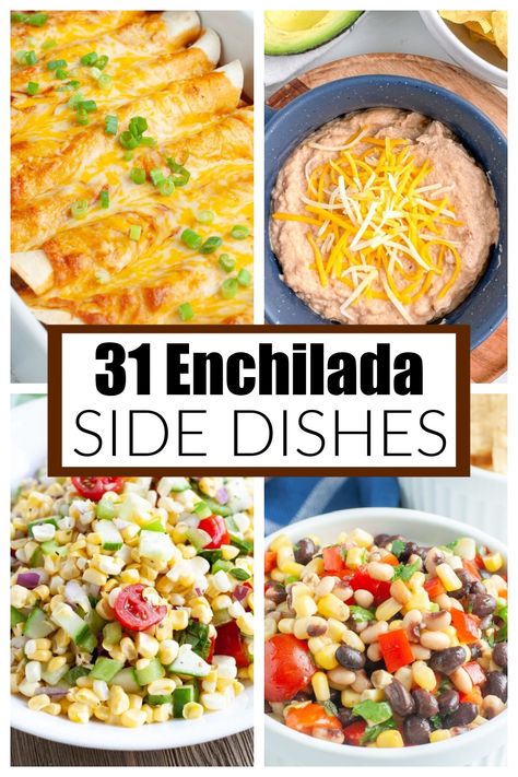 Looking for a side dish for enchiladas? I have gathered 31 delicious and simple enchilada side dishes for you to enjoy. All of these recipes are easy to make and the perfect side for your enchilada dinner. Be sure to save this pin and click over for all of the recipes. Enjoy! Chicken Enchilada Side Dish, Sides For Enchiladas Dishes, Chicken Enchiladas Side Dishes, Sides To Go With Chicken Enchiladas, Side Dishes For Mexican Casserole, What To Eat With Enchiladas, Side With Enchiladas, Salad With Enchiladas, Side Dish For Chicken Enchiladas