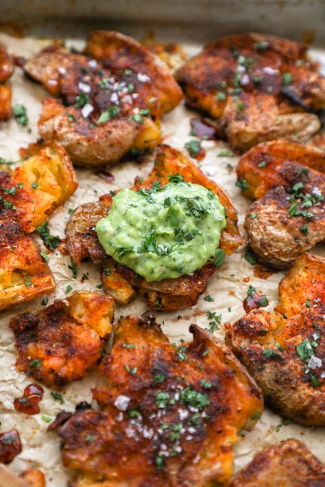 These are the best chili smashed potatoes! Buttery baby potatoes are smashed & seasoned with warm spices then roasted until crispy & served with a zesty avocado chimichurri sauce! Potatoes Smashed, Avocado Chimichurri, The Best Chili, Smashed Potatoes Recipe, Best Chili, Chimichurri Recipe, Chimichurri Sauce, Potato Sides, Green Sauce