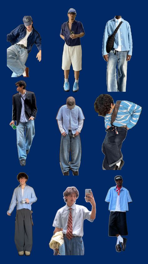 Men’s outfit inspo blue 2000s Outfit Men, Blue Aesthetic Outfit Men, Trans Men Outfits, Teal Shirt Outfits, Blue Outfits For Men, Blue Outfit Aesthetic Men, Teal Shirt Outfit, Fits Collage, 2000s Outfits Men