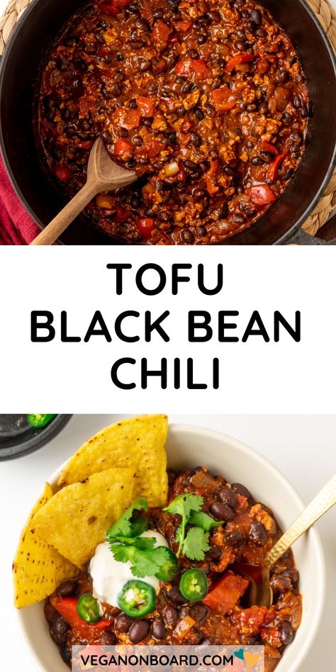 This rich and delicious tofu chili is packed with flavour and plant-based protein! It's smoky, saucy and so hearty. Vegan Tofu Chili, Tofu And Black Bean Recipes, Tofu Beans Recipe, Tofu And Beans Recipe, Black Bean Chili Vegan, Vegan Pork And Beans, Chili Vegan Recipe, Tofu Black Bean Recipes, Tofu Chili Recipe