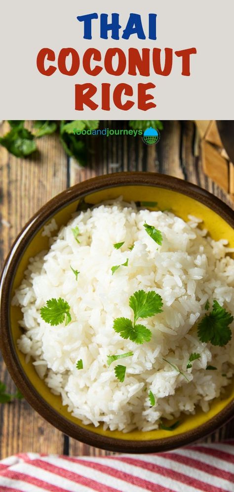 A staple in Thai cuisine that you can easily prepare at home. Expect an excellent side dish in every serving of this fluffy, delicious coconut rice. Try it for your next barbecue! Thermomix, Couscous, Thai Rice Recipes, Thai Side Dishes, Thai Coconut Rice, Rice Recipes Side, Jasmine Rice Recipes, Coconut Rice Recipe, Kidney Friendly Foods