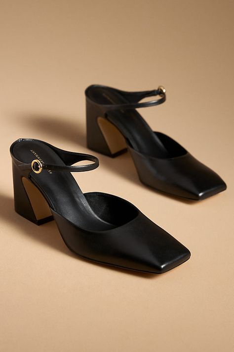 Leather upper, insole, sole Slip-on styling Imported | Square-Toe Mule Heels by Anthropologie in Black, Women's, Size: 7, Leather Classy Woman Shoes, Fall Formal Shoes, Winter Fall Shoes, Stylish Work Shoes, Work Shoes For Winter, Womens Business Shoes, Winter Wedding Guest Shoes, Shoes To Wear With Black Dress, Fall Shoes Aesthetic