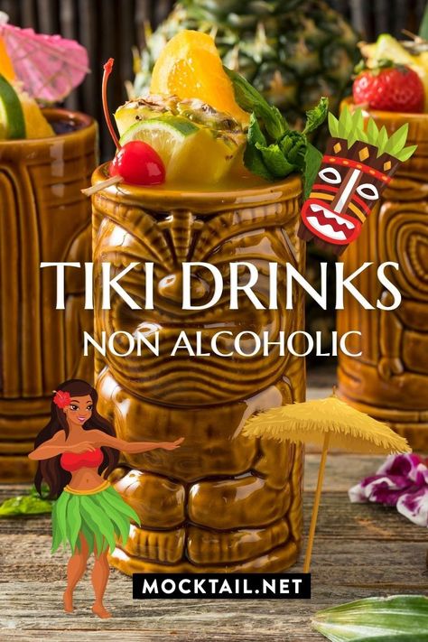 Hawaiian Beverages Non Alcoholic, Non Alcoholic Tiki Drinks, Tiki Mocktail Recipe, Easy Tiki Drinks, Hawaiian Mocktails Non Alcoholic, Tropical Mocktail Recipe, Hawaiian Drinks Non Alcoholic, Tiki Cocktails Recipes, Tropical Drinks Non Alcoholic