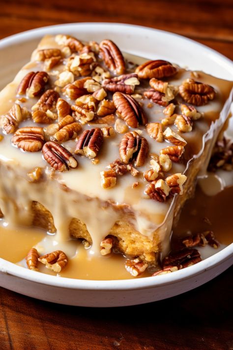 Butter Pecan Praline Poke Cake God Bless America Cake, Fatty Recipes, Butter Pecan Praline Poke Cake, Pecan Praline Poke Cake, Praline Poke Cake, America Cake, Sweet Condensed Milk, Coconut Pecan Frosting, Butter Pecan Cake